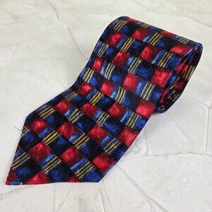 Murano 100% Silk Men's Tie Red & Blue Squares Gold Accent Stripes